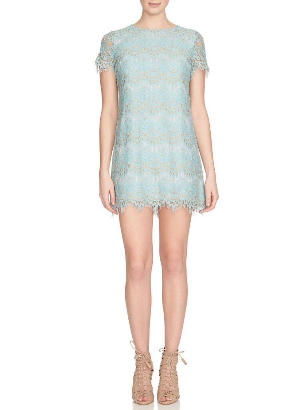 Cynthia Steffe Aqua Eyelash Lace Dress Sheath Sheer Sleeve Cocktail Size 2